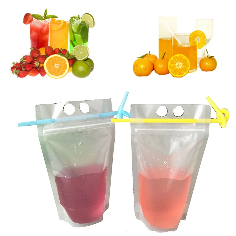 50PCS Plastic Liquid Bag + 50pcs Straw Juice Coffee Drinks Kitchen Vertical Seal Pouches Frosted Disposable Reclosable for Party