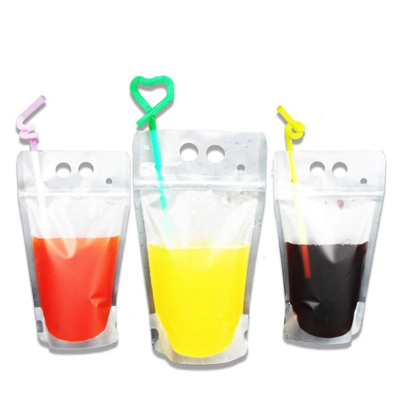 50PCS Plastic Liquid Bag + 50pcs Straw Juice Coffee Drinks Kitchen Vertical Seal Pouches Frosted Disposable Reclosable for Party