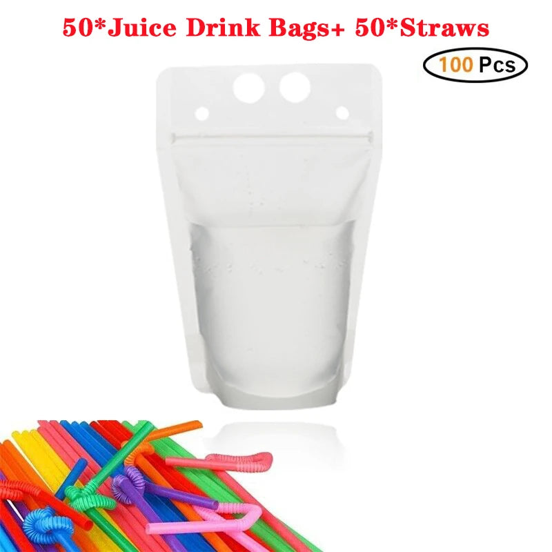 50PCS Plastic Liquid Bag + 50pcs Straw Juice Coffee Drinks Kitchen Vertical Seal Pouches Frosted Disposable Reclosable for Party