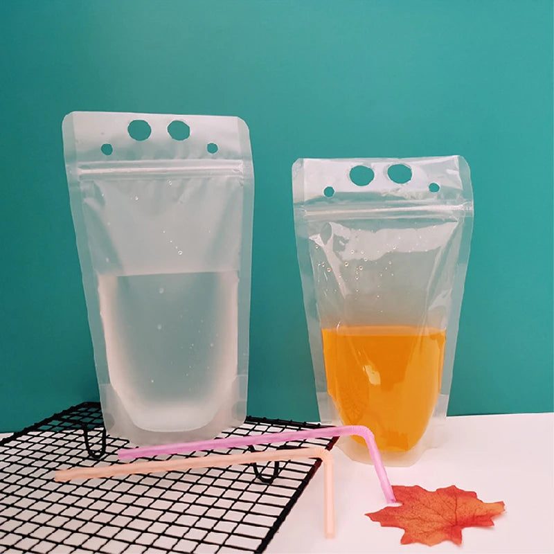 50PCS Plastic Liquid Bag + 50pcs Straw Juice Coffee Drinks Kitchen Vertical Seal Pouches Frosted Disposable Reclosable for Party