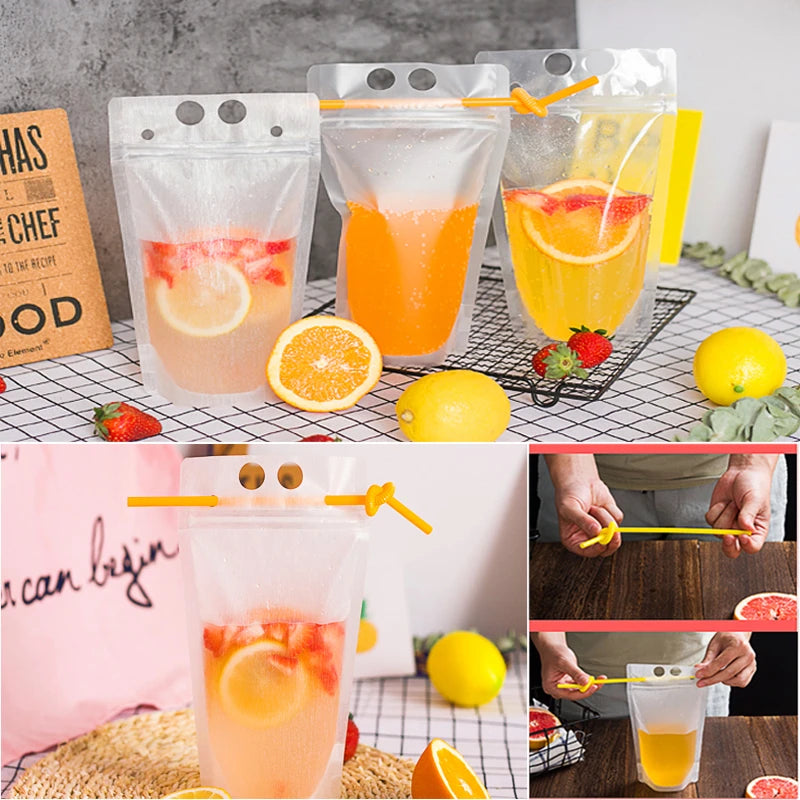50PCS Plastic Liquid Bag + 50pcs Straw Juice Coffee Drinks Kitchen Vertical Seal Pouches Frosted Disposable Reclosable for Party