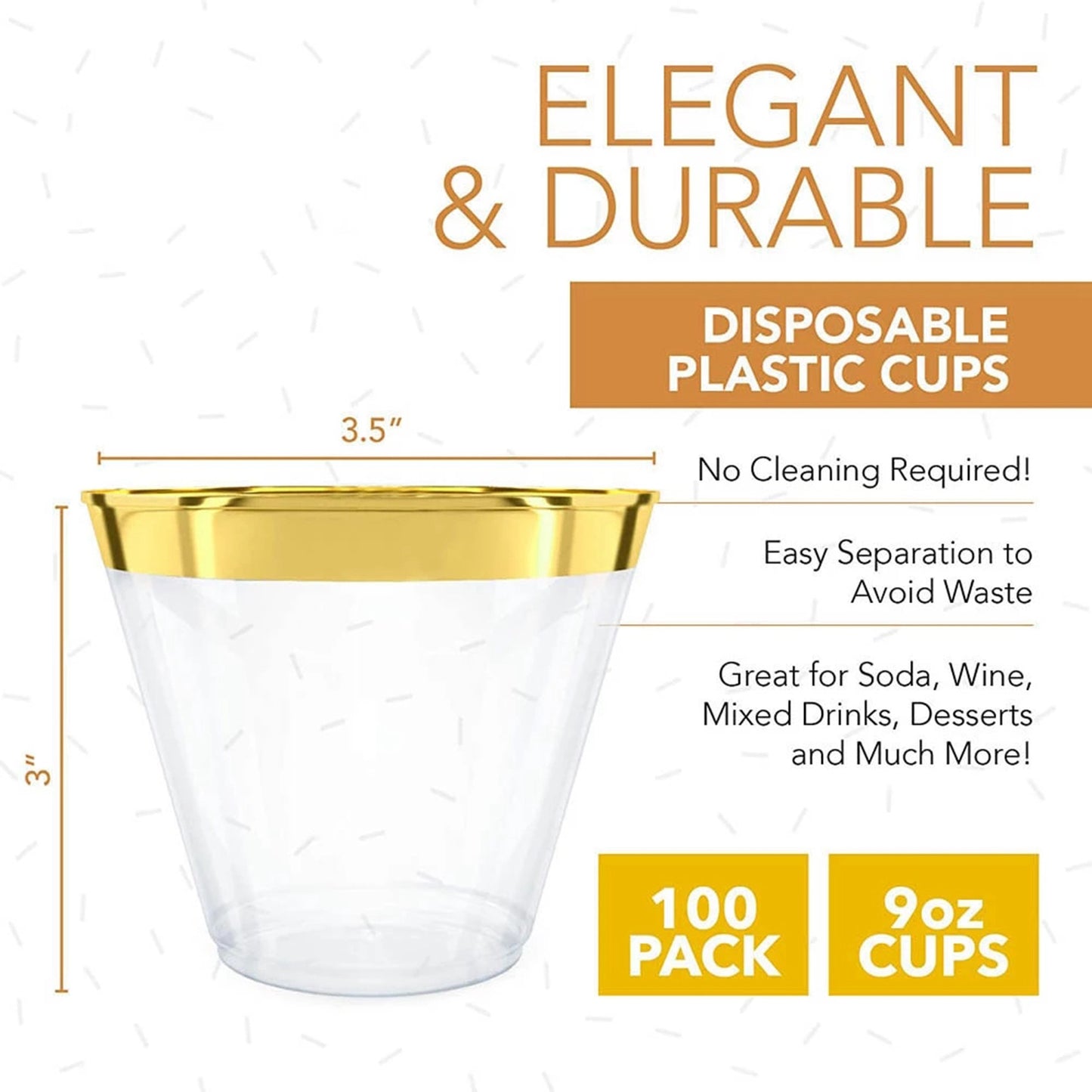 100 Pack Plastic Cup 9 Oz Hard Disposable Wine Glass Gold Rim