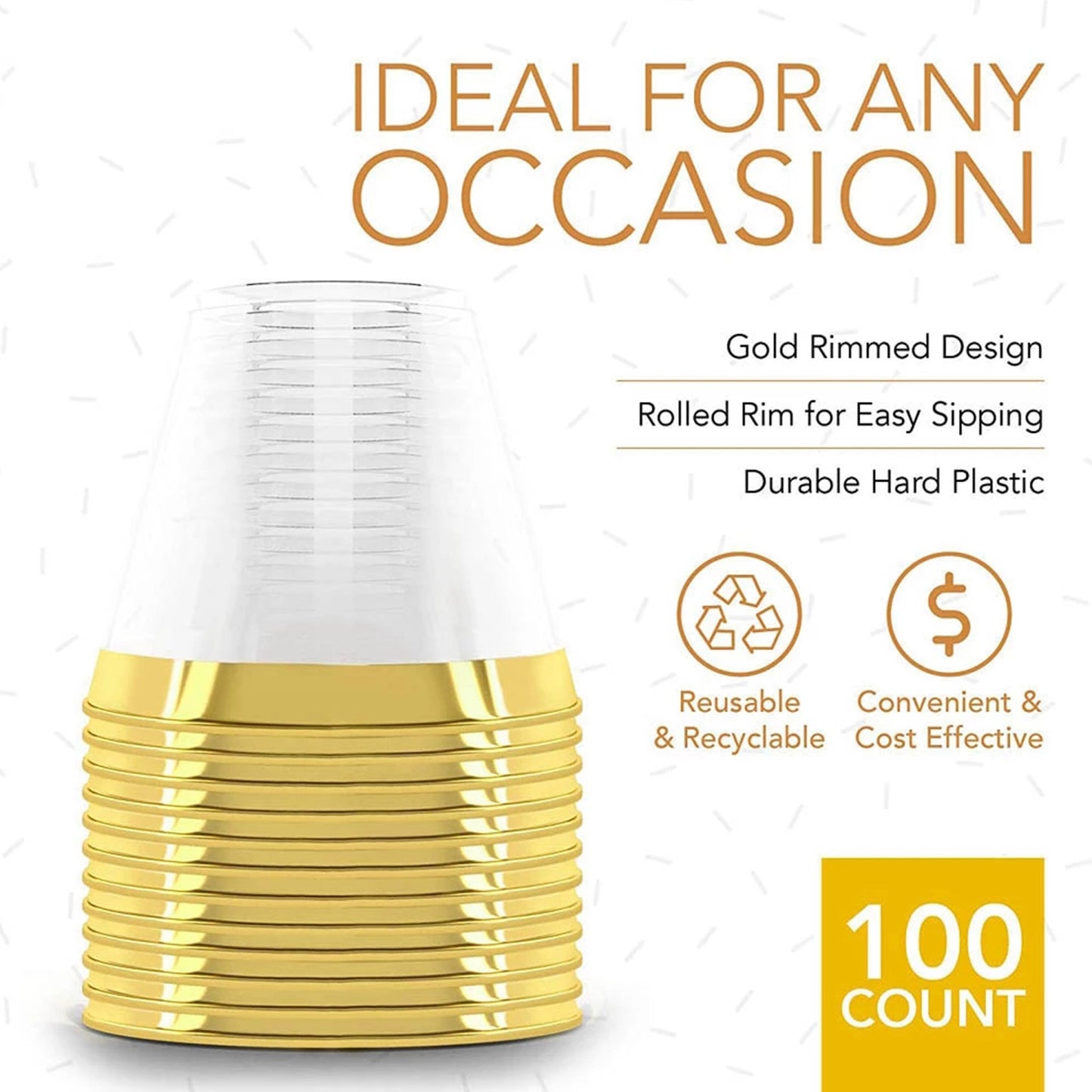 100 Pack Plastic Cup 9 Oz Hard Disposable Wine Glass Gold Rim