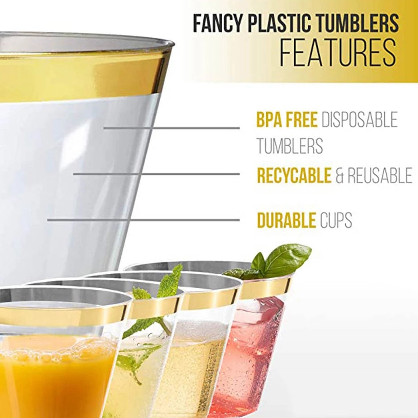 100 Pack Plastic Cup 9 Oz Hard Disposable Wine Glass Gold Rim