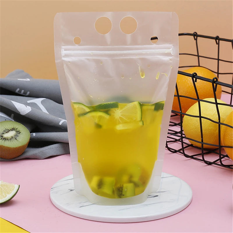 50PCS Plastic Liquid Bag + 50pcs Straw Juice Coffee Drinks Kitchen Vertical Seal Pouches Frosted Disposable Reclosable for Party