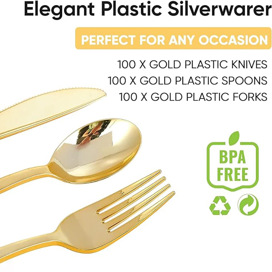 300 Pieces Gold Plastic Silver Tableware for Events and More
