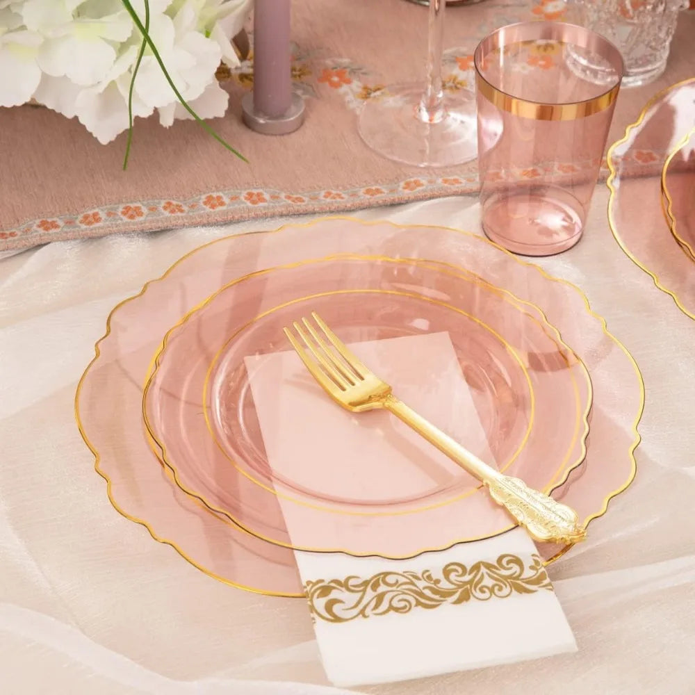 210Pcs Pink Plastic Plates with Gold Rim Dinnerware Set