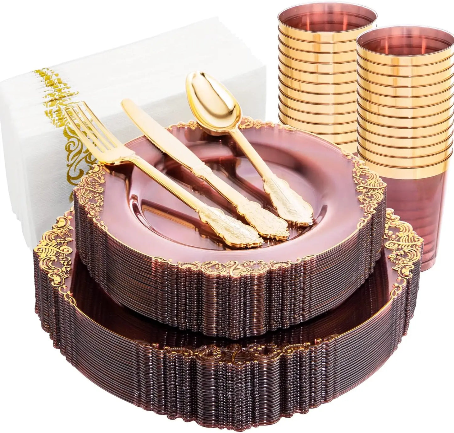 350pcs Plastic Plates Gold Plastic Dinnerware Set Includes 50 Dinner Plates 50 Dessert Plates 50 Cups 50 Napkins