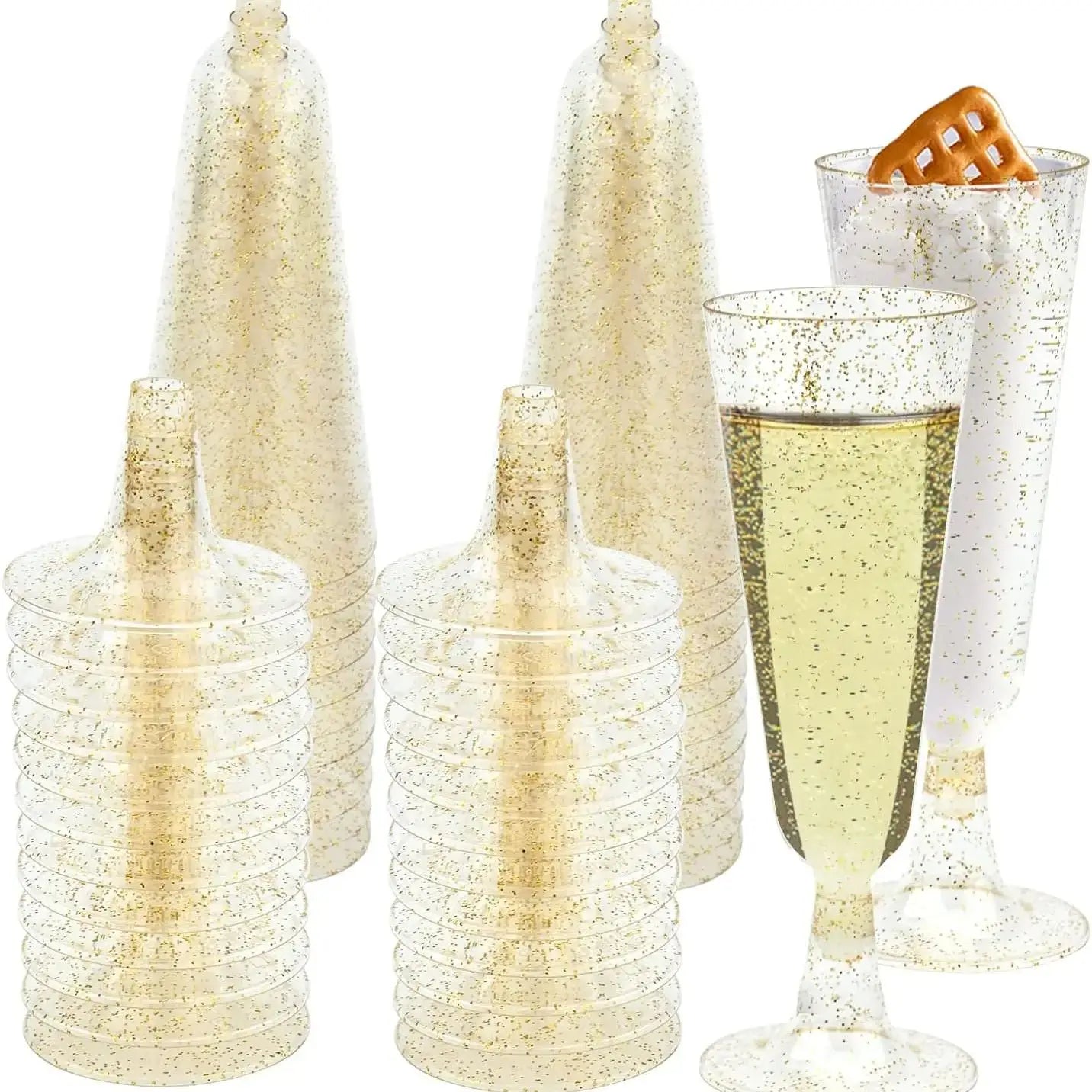 50/25 Gold Glitter Plastic Champagne Flutes 5oz Clear Cups