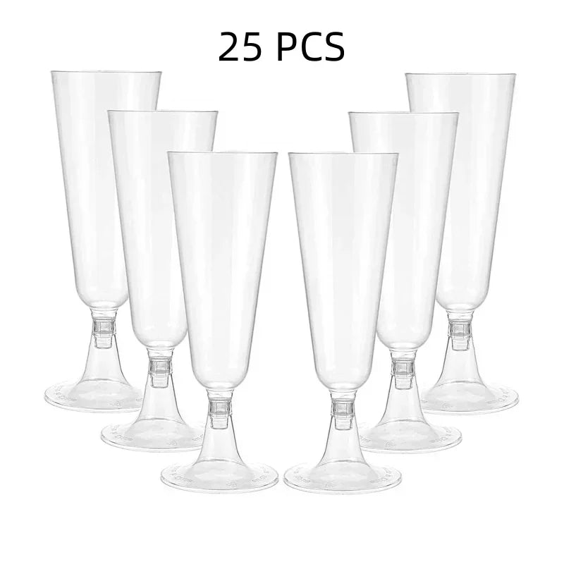 25 Champagne Glasses Disposable Plastic Gold Powder Martini