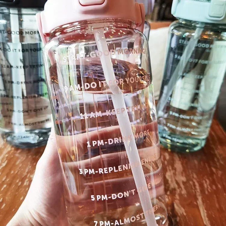2L or 67.6oz Portable Water Bottle with Straw & Time Marker, Large Capacity Plastic Drink Bottle for Outdoor Sports & Fitness