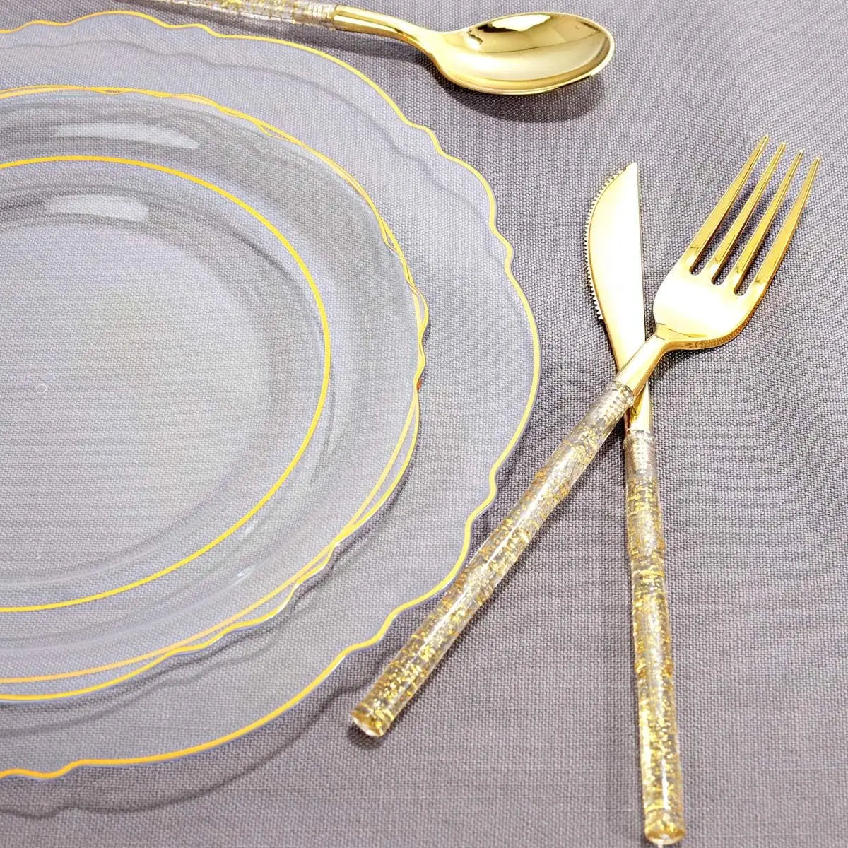 150PCS Clear Gold Plastic Plates & Gold Silverware Set