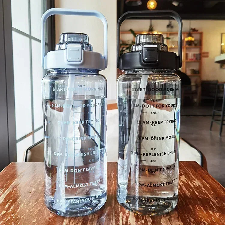 2L or 67.6oz Portable Water Bottle with Straw & Time Marker, Large Capacity Plastic Drink Bottle for Outdoor Sports & Fitness