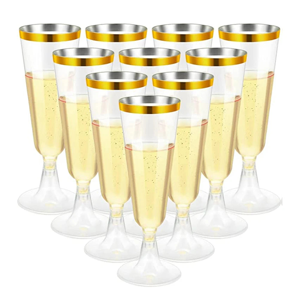 50/25 Gold Glitter Plastic Champagne Flutes 5oz Clear Cups