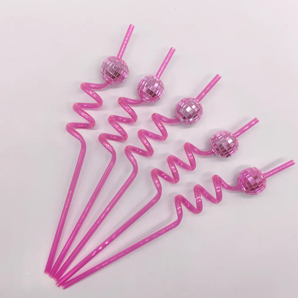 5pcs Glitter Mini Cowgirl Hat Bend Disco Ball Plastic Straw Party Supplies