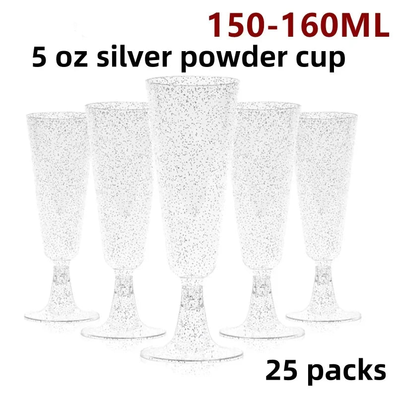25 Champagne Glasses Disposable Plastic Gold Powder Martini