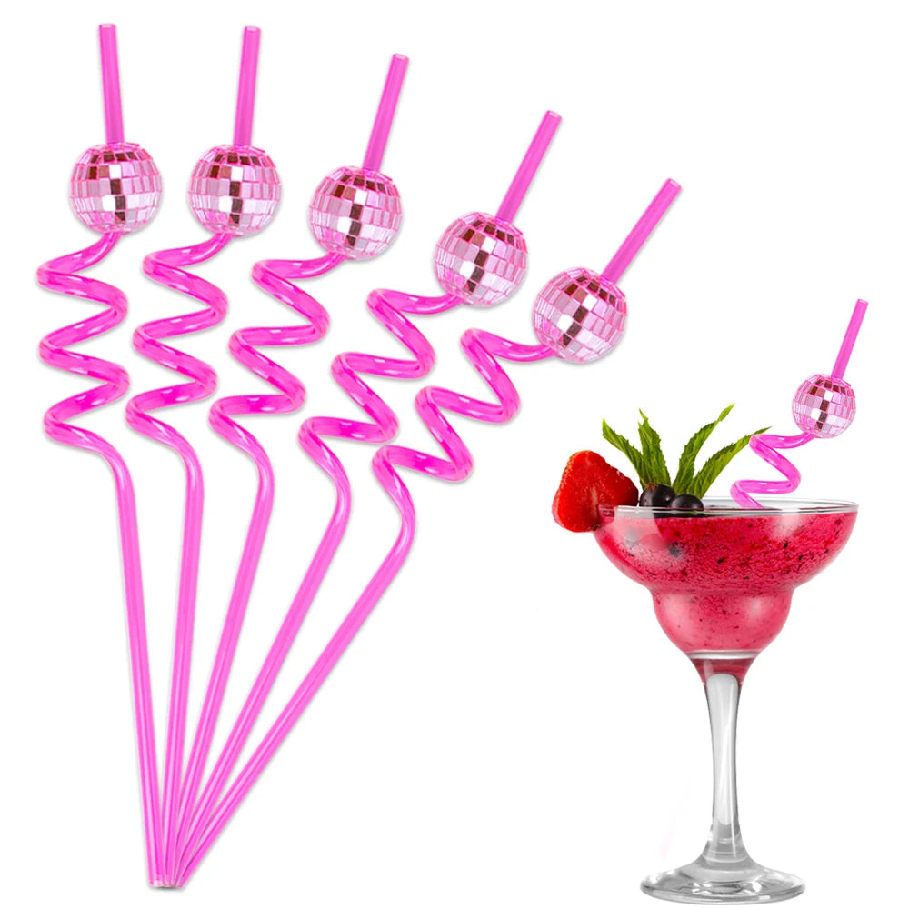 5pcs Glitter Mini Cowgirl Hat Bend Disco Ball Plastic Straw Party Supplies