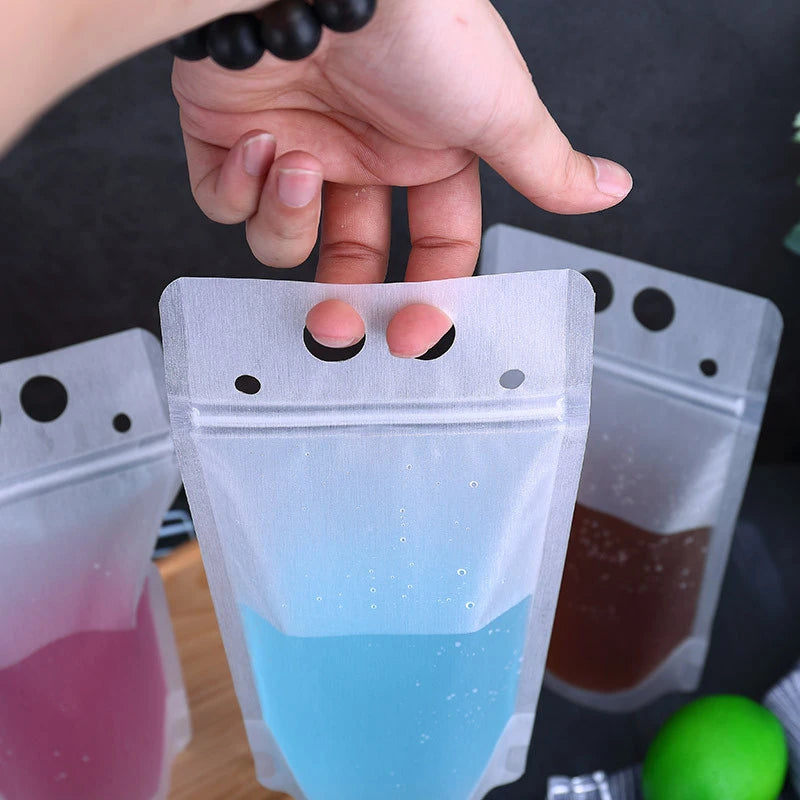 50PCS Plastic Liquid Bag + 50pcs Straw Juice Coffee Drinks Kitchen Vertical Seal Pouches Frosted Disposable Reclosable for Party