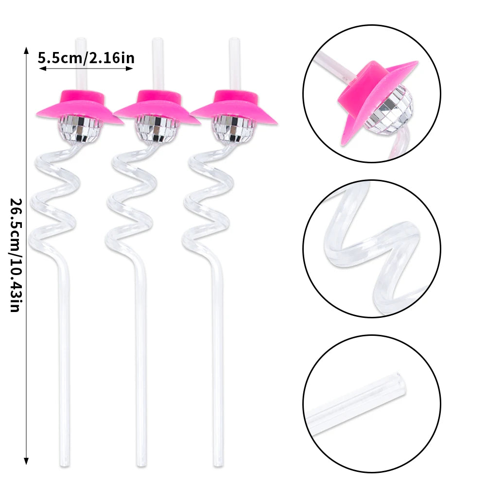 5pcs Glitter Mini Cowgirl Hat Bend Disco Ball Plastic Straw Party Supplies