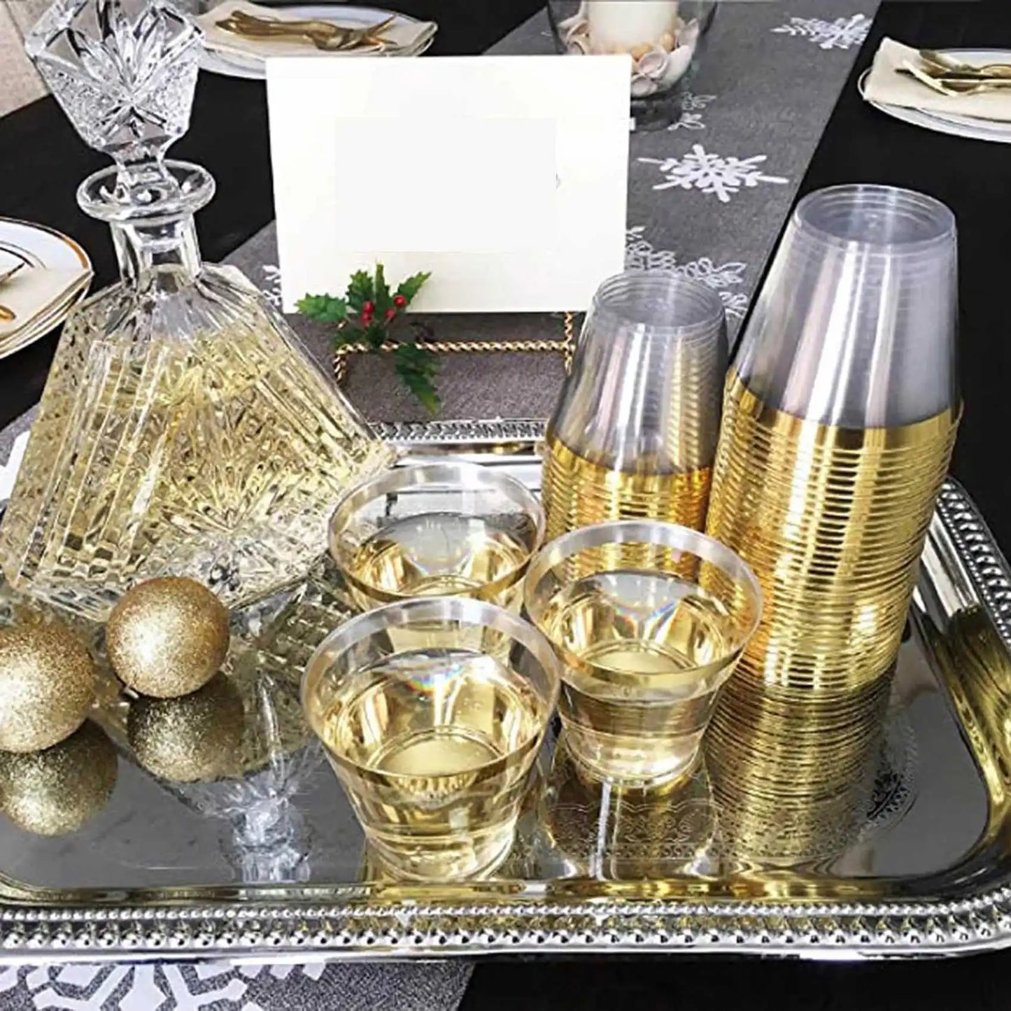 100 Pack Plastic Cup 9 Oz Hard Disposable Wine Glass Gold Rim