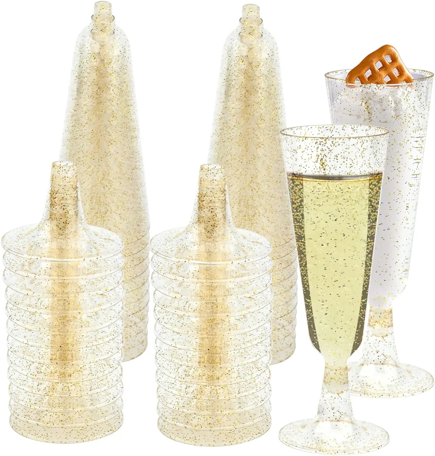 50/25 Gold Glitter Plastic Champagne Flutes 5oz Clear Cups
