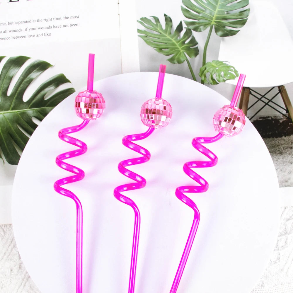 5pcs Glitter Mini Cowgirl Hat Bend Disco Ball Plastic Straw Party Supplies