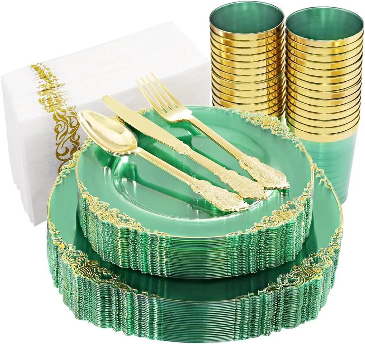350pcs Plastic Plates Gold Plastic Dinnerware Set Includes 50 Dinner Plates 50 Dessert Plates 50 Cups 50 Napkins