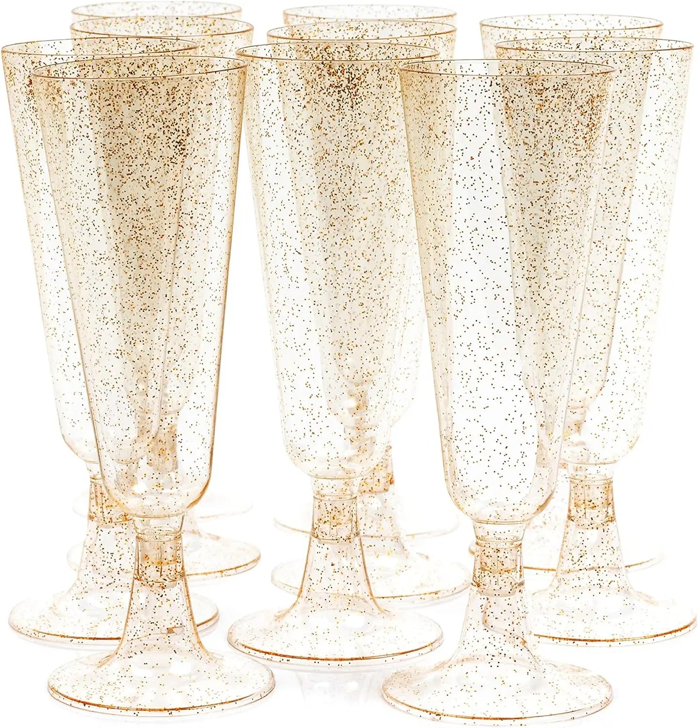 50/25 Gold Glitter Plastic Champagne Flutes 5oz Clear Cups