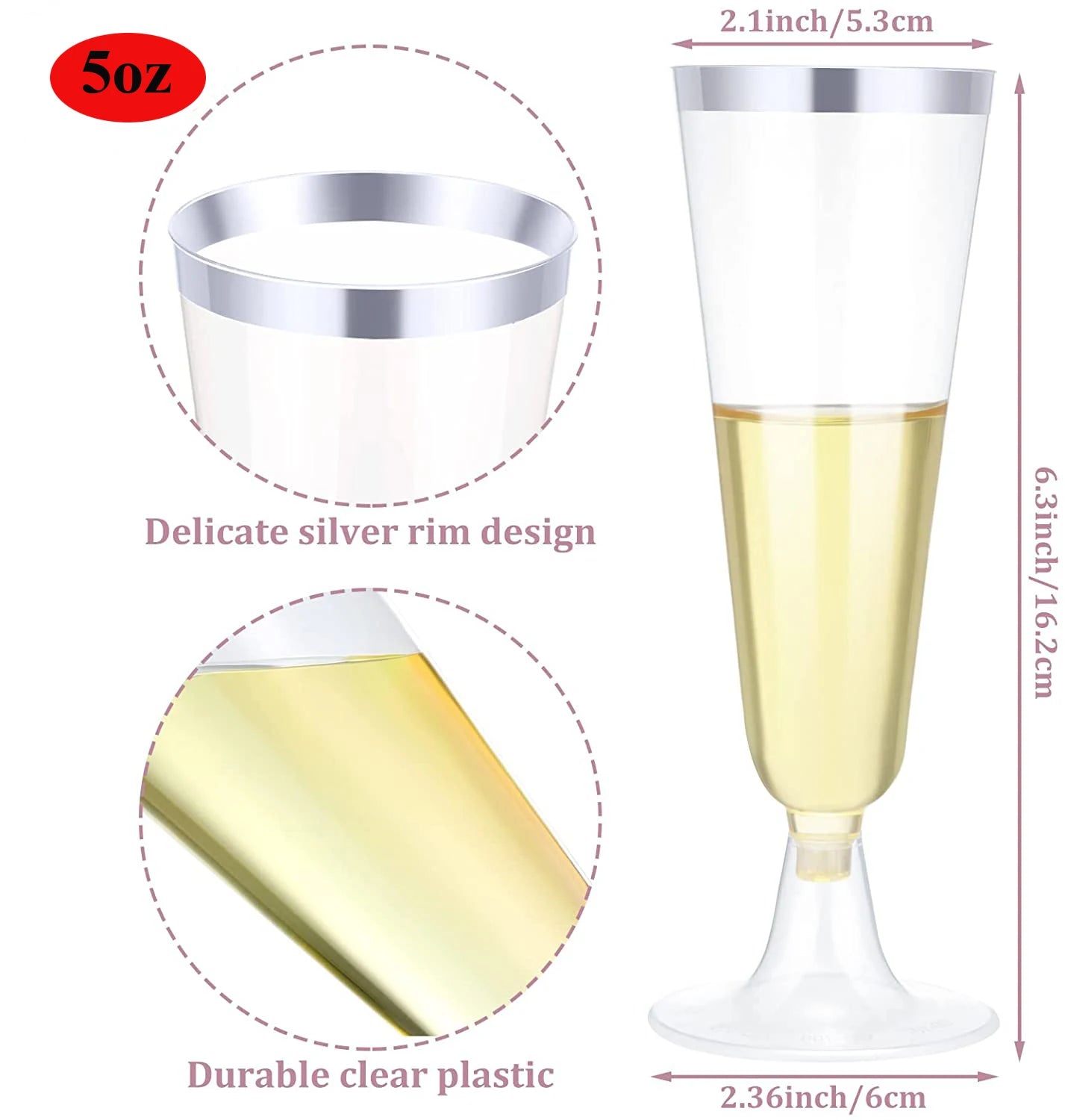 50/25 Gold Glitter Plastic Champagne Flutes 5oz Clear Cups