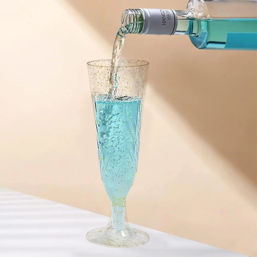 50/25 Gold Glitter Plastic Champagne Flutes 5oz Clear Cups