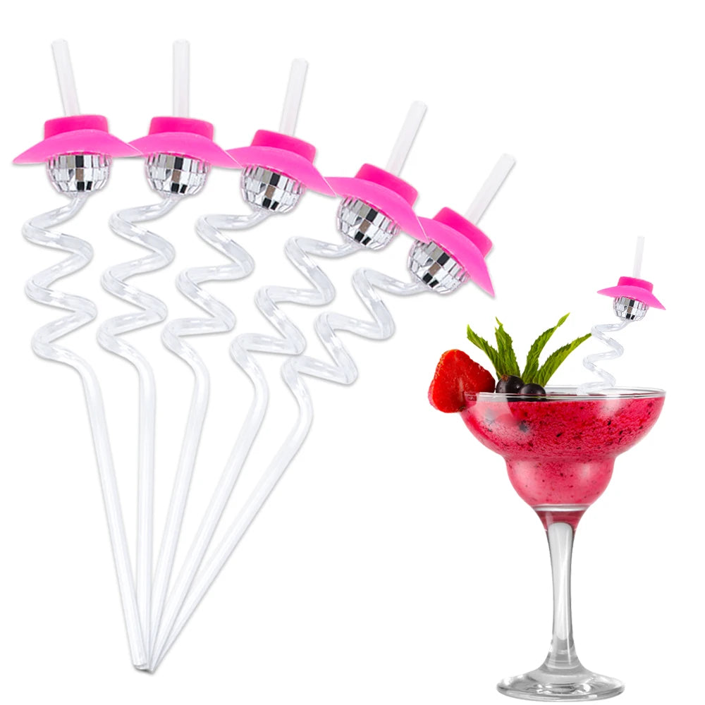 5pcs Glitter Mini Cowgirl Hat Bend Disco Ball Plastic Straw Party Supplies