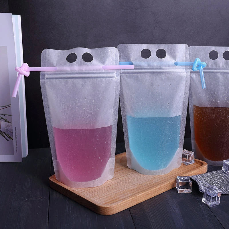 50PCS Plastic Liquid Bag + 50pcs Straw Juice Coffee Drinks Kitchen Vertical Seal Pouches Frosted Disposable Reclosable for Party