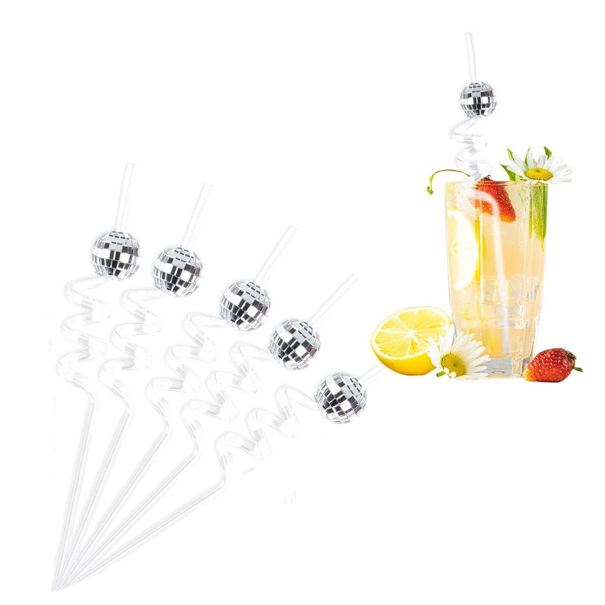 5pcs Glitter Mini Cowgirl Hat Bend Disco Ball Plastic Straw Party Supplies