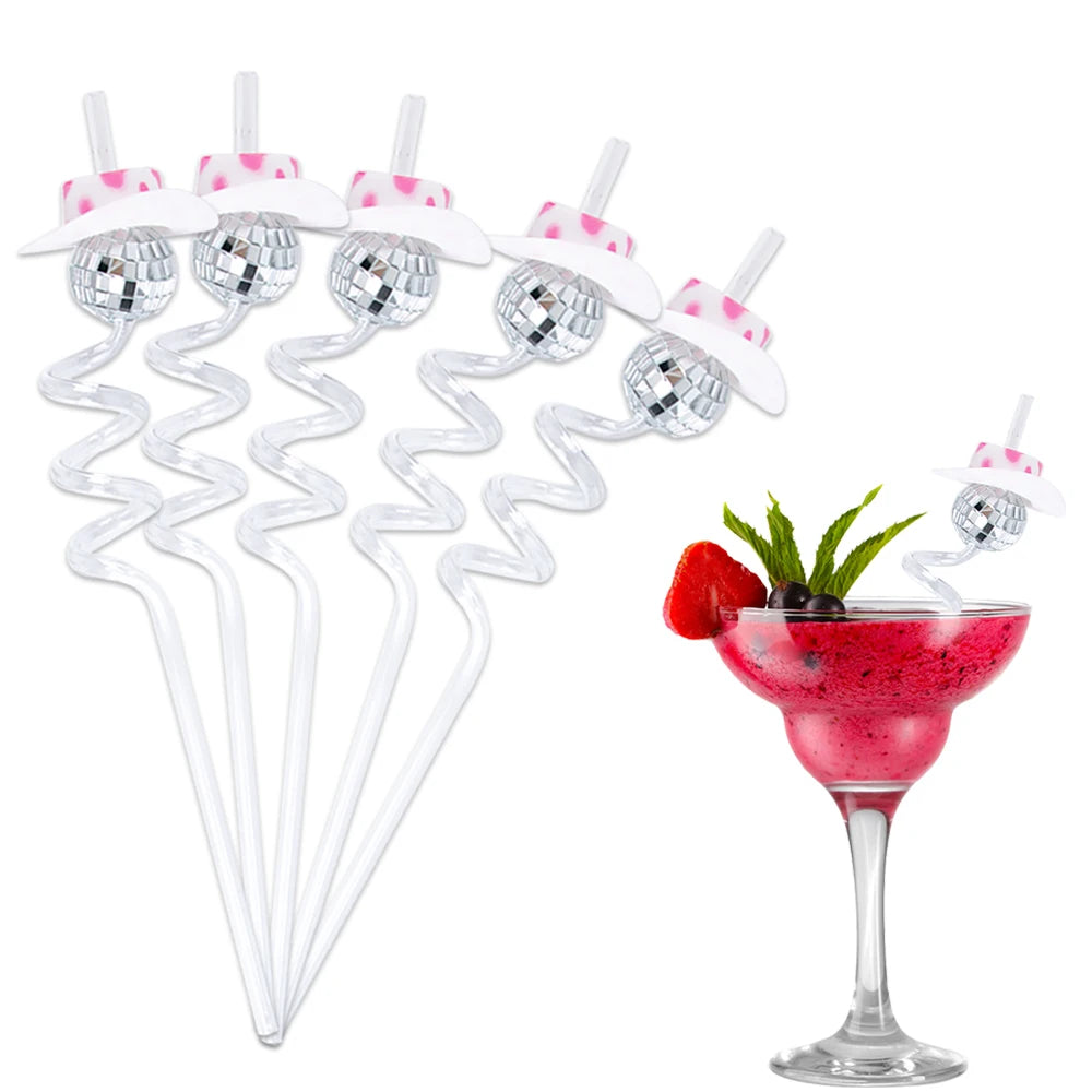 5pcs Glitter Mini Cowgirl Hat Bend Disco Ball Plastic Straw Party Supplies