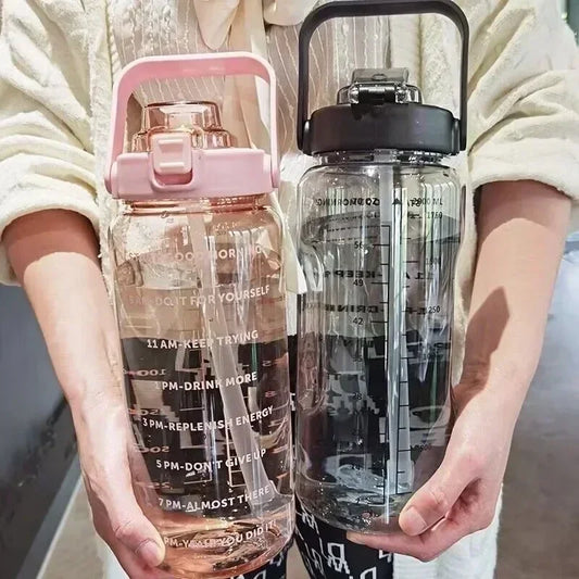 2L or 67.6oz Portable Water Bottle with Straw & Time Marker, Large Capacity Plastic Drink Bottle for Outdoor Sports & Fitness