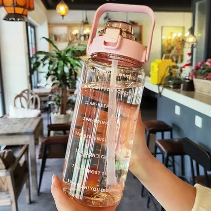 2L or 67.6oz Portable Water Bottle with Straw & Time Marker, Large Capacity Plastic Drink Bottle for Outdoor Sports & Fitness