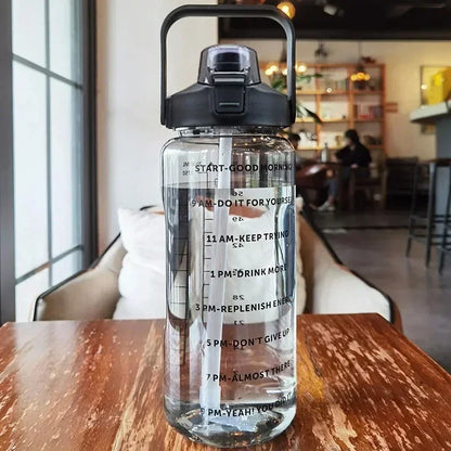 2L or 67.6oz Portable Water Bottle with Straw & Time Marker, Large Capacity Plastic Drink Bottle for Outdoor Sports & Fitness