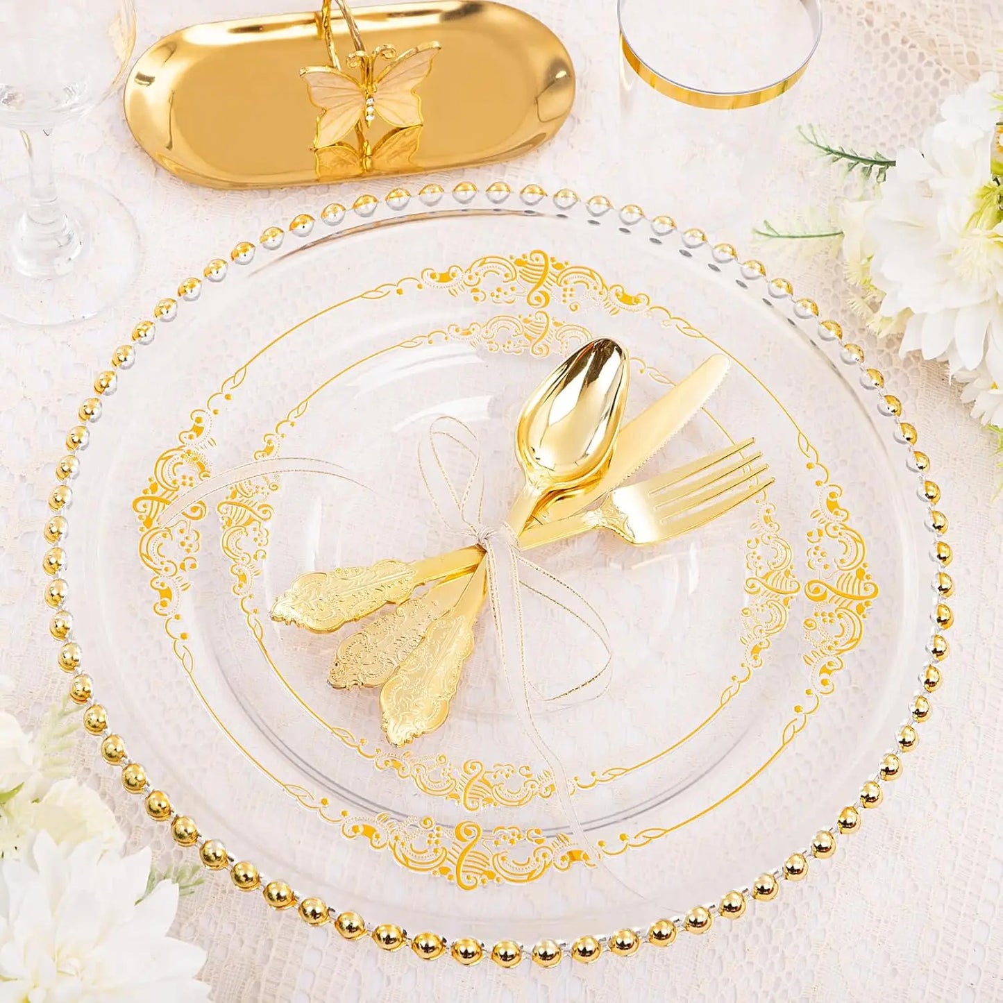 350pcs Plastic Plates Gold Plastic Dinnerware Set Includes 50 Dinner Plates 50 Dessert Plates 50 Cups 50 Napkins