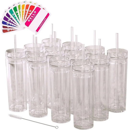 24 Pack Skinny Clear Tumblers with Lid and Straw Bulk 16oz Double Wall White Acrylic Tumblers With FREE Straw Cleaner