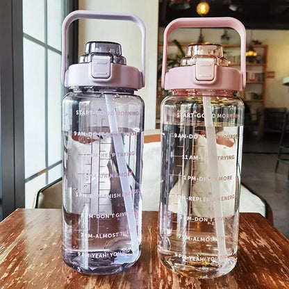 2L or 67.6oz Portable Water Bottle with Straw & Time Marker, Large Capacity Plastic Drink Bottle for Outdoor Sports & Fitness