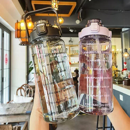 2L or 67.6oz Portable Water Bottle with Straw & Time Marker, Large Capacity Plastic Drink Bottle for Outdoor Sports & Fitness