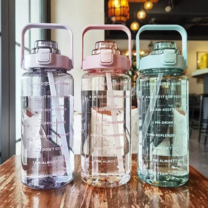 2L or 67.6oz Portable Water Bottle with Straw & Time Marker, Large Capacity Plastic Drink Bottle for Outdoor Sports & Fitness
