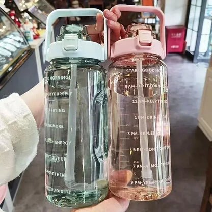 2L or 67.6oz Portable Water Bottle with Straw & Time Marker, Large Capacity Plastic Drink Bottle for Outdoor Sports & Fitness