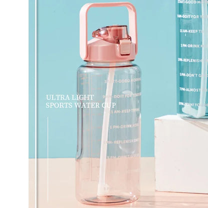 2L or 67.6oz Portable Water Bottle with Straw & Time Marker, Large Capacity Plastic Drink Bottle for Outdoor Sports & Fitness