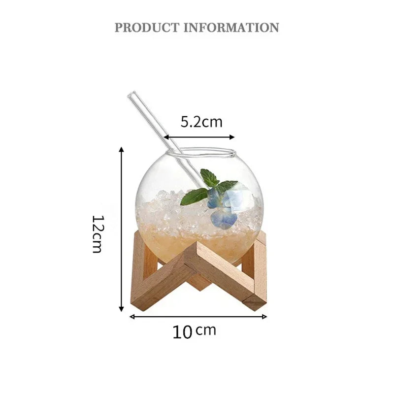 Creative Round Ball Glass Cup with Wood Stand Straw Wine Cocktail Glass Cup