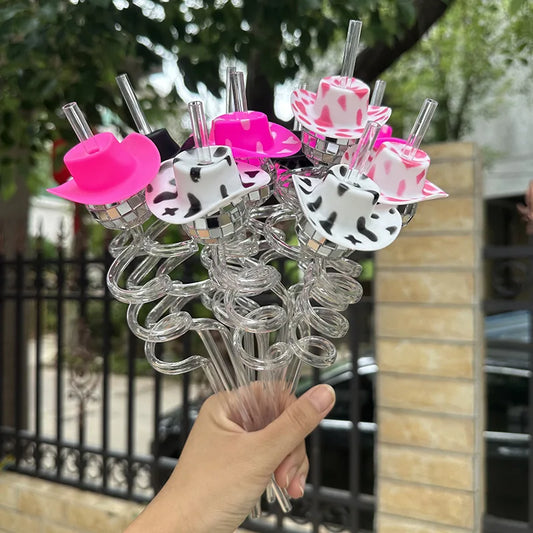 5pcs Glitter Mini Cowgirl Hat Bend Disco Ball Plastic Straw Party Supplies