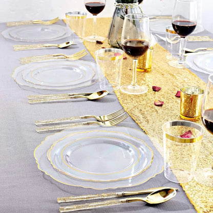 150PCS Clear Gold Plastic Plates & Gold Silverware Set
