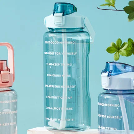 2L or 67.6oz Portable Water Bottle with Straw & Time Marker, Large Capacity Plastic Drink Bottle for Outdoor Sports & Fitness