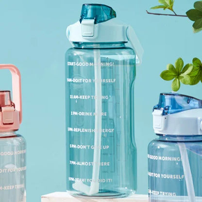 2L or 67.6oz Portable Water Bottle with Straw & Time Marker, Large Capacity Plastic Drink Bottle for Outdoor Sports & Fitness
