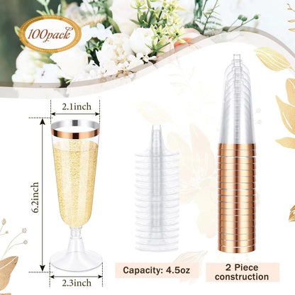50/25 Gold Glitter Plastic Champagne Flutes 5oz Clear Cups